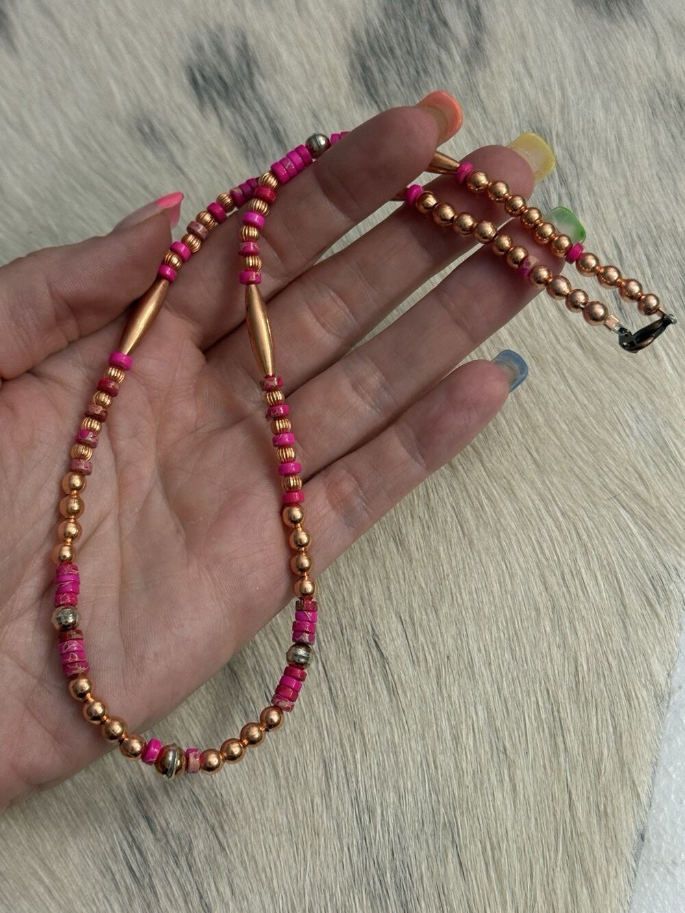 Copper Navajo Pearl Fluted & Melon Beaded Pink Jasper Heishi Necklace 18β